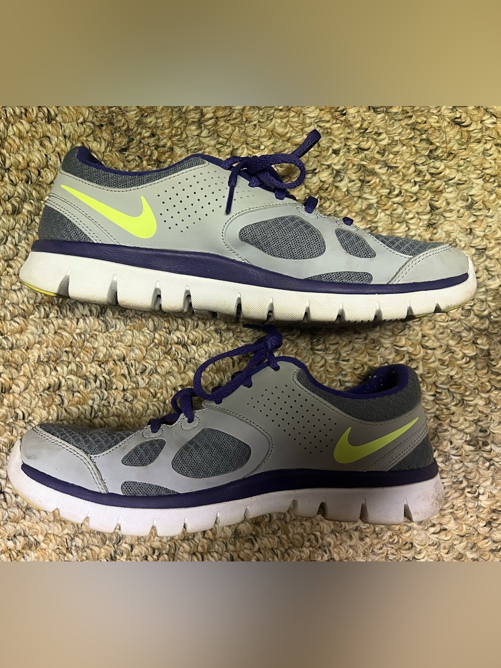 Nike Gray and Purple Trainers with Neon Yellow Swoosh Sz 10